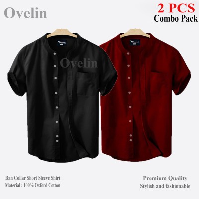 2 pcs Combo Ban Colar Short Sleeve Shirt - Black & Maroon.