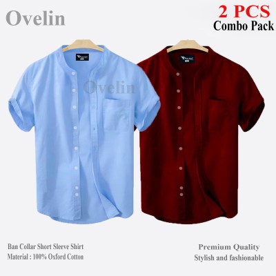 2 pcs Combo Ban Colar Short Sleeve Shirt - Maroon & Sky Blue.