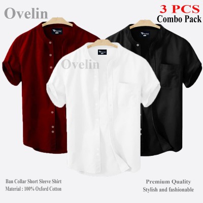 3 pcs Combo Ban Colar Short Sleeve Shirt - Black, White & Maroon.