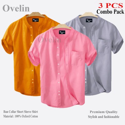 3 pcs Combo Ban Colar Short Sleeve Shirt - Ash, Pink & Kathali.