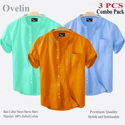 3 pcs Combo Ban Colar Short Sleeve Shirt - Pest, Kathali & Sky Blue.