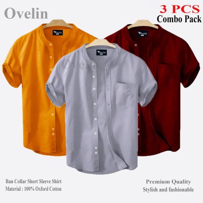 3 pcs Combo Ban Colar Short Sleeve Shirt - Ash, Kathali & Maroon.
