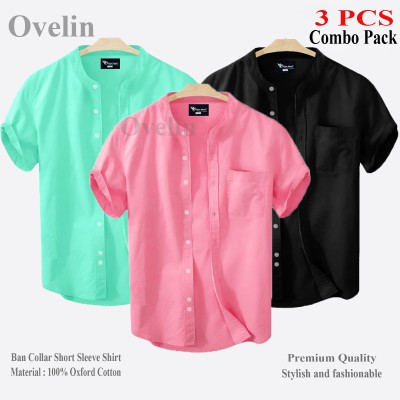 3 Pcs Combo Ban Colar Short Sleeve Shirt - Black, Pink & Pest.