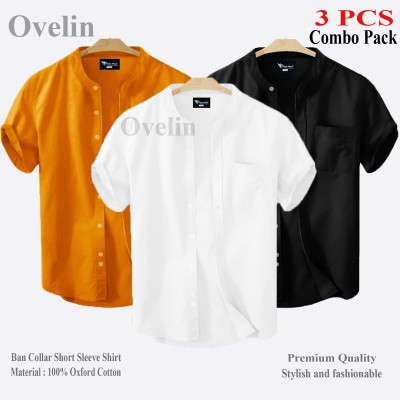 3 Pcs Combo Ban Colar Short Sleeve Shirt - Black, White & Kathali.