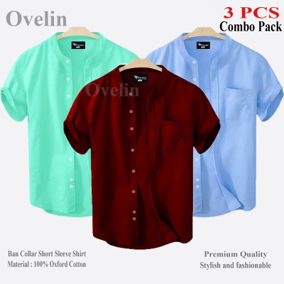 3 Pcs Combo Ban Colar Short Sleeve Shirt - Pest, Maroon & Sky Blue.