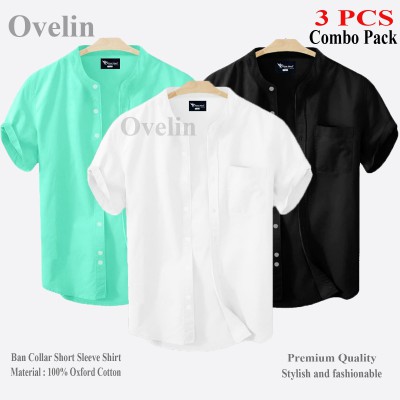 3 Pcs Combo Ban Colar Short Sleeve Shirt - Black, White & Pest.