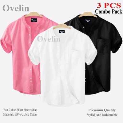 3 Pcs Combo Ban Colar Short Sleeve Shirt - Black, White & Pink.