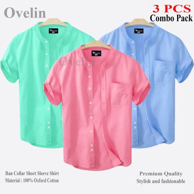 3 Pcs Combo Ban Colar Short Sleeve Shirt - Pink, Pest & Sky Blue.