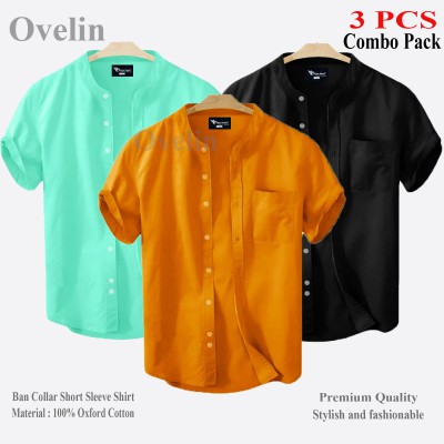 3 Pcs Combo Ban Colar Short Sleeve Shirt - Black, Pest & Kathali.