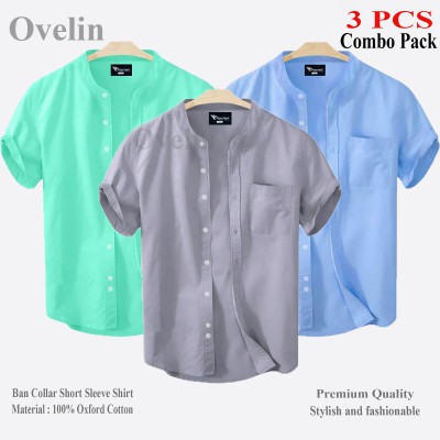 3 Pcs Combo Ban Colar Short Sleeve Shirt - Ash, Pest & Sky Blue.