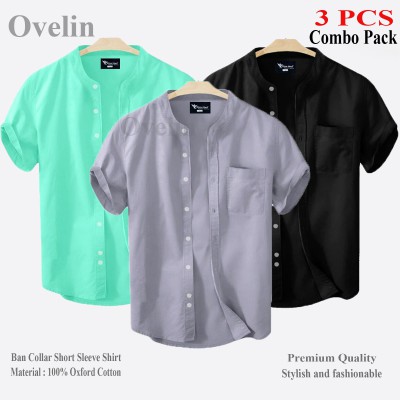 3 Pcs Combo Ban Colar Short Sleeve Shirt - Black, Ash & Pest.