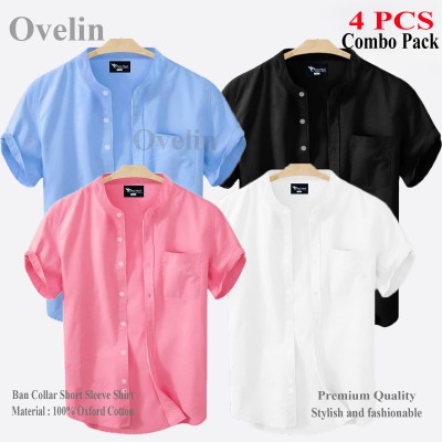 4 Pcs Combo Ban Colar Short Sleeve Shirt - Black, White, Pink & Sky Blue.