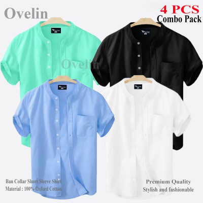 4 Pcs Combo Ban Colar Short Sleeve Shirt - Black, White, Pest & Sky Blue.