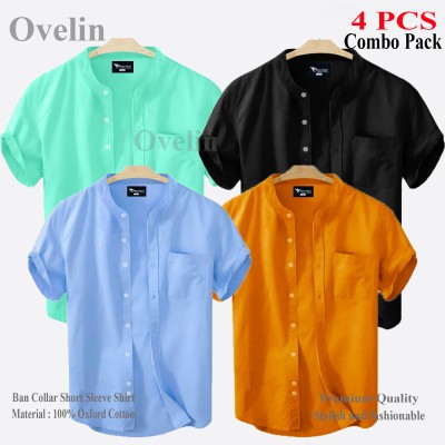 4 pcs Combo Ban Colar Short Sleeve Shirt - Black, Pest, Kathali & Sky Blue.
