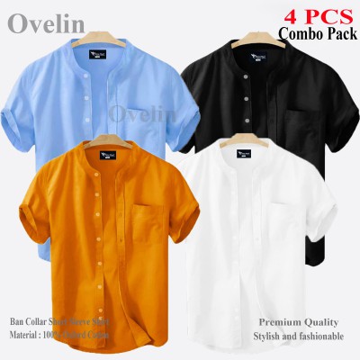 4 pcs Combo Ban Colar Short Sleeve Shirt - Black, White, Kathali & Sky Blue.