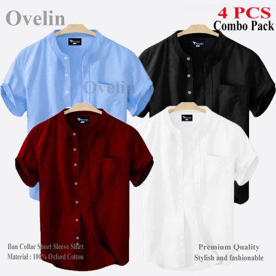 4 pcs Combo Ban Colar Short Sleeve Shirt - Black, White, Maroon & Sky Blue.