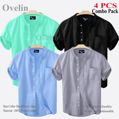 4 pcs Combo Ban Colar Short Sleeve Shirt - Black, Ash, Pest & Sky Blue.
