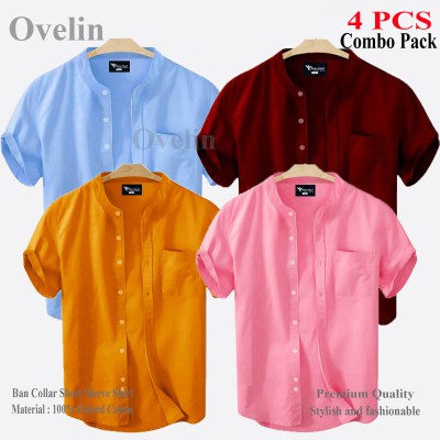 4 pcs Combo Ban Colar Short Sleeve Shirt - Pink, Kathali, Maroon & Sky Blue.