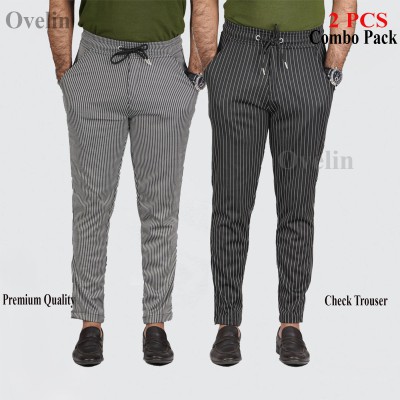2 pcs Combo Check Trouser's- Black Big Stripe & White Stripe.