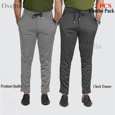 2 pcs Combo Check Trouser's- Black Small Stripe & White Stripe.
