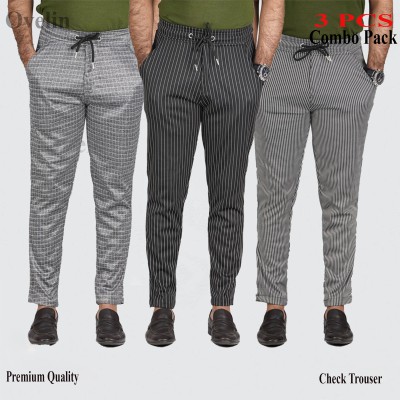 3 pcs Combo Check Trouser's- Black Big Stripe, White Stripe & Ash Stripe.
