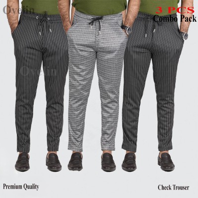 3 pcs Combo Check Trouser's- Black Big Stripe, Black Small Stripe & Ash Stripe.