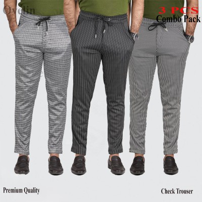 3 pcs Combo Check Trouser's- Black Small Stripe, White Stripe & Ash Stripe.