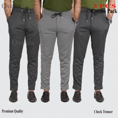 3 pcs Combo Check Trouser's- Black Big Stripe, Black Small Stripe & White Stripe.