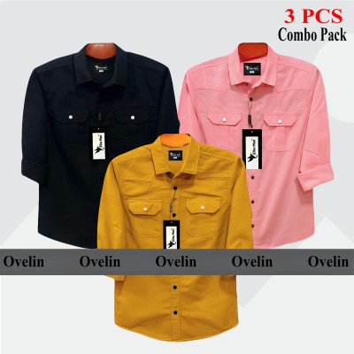 3 pcs Combo Premium Quality Double Pocket Shirt - Black, Pink & Kathali.