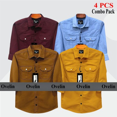 4 Pcs Combo Premium Quality Double Pocket Shirt - Kathali, Banson, Maroon & Sky Blue.