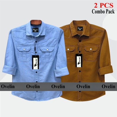 2 Pcs Combo Premium Quality Double Pocket Shirt - Banson & Sky Blue.