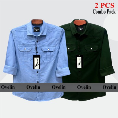2 Pcs Combo Premium Quality Double Pocket Shirt - Green & Sky Blue.