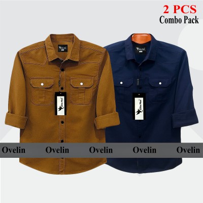 2 Pcs Combo Premium Quality Double Pocket Shirt - Banson & Navy Blue.