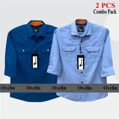 2 Pcs Combo Premium Quality Double Pocket Shirt - Sky Blue & Royal Blue.