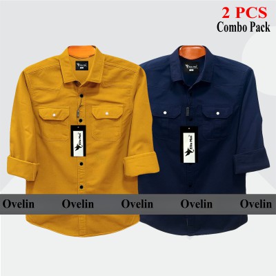 2 Pcs Combo Premium Quality Double Pocket Shirt - Kathali & Navy Blue.