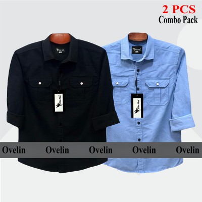 2 Pcs Combo Premium Quality Double Pocket Shirt - Black & Sky Blue.