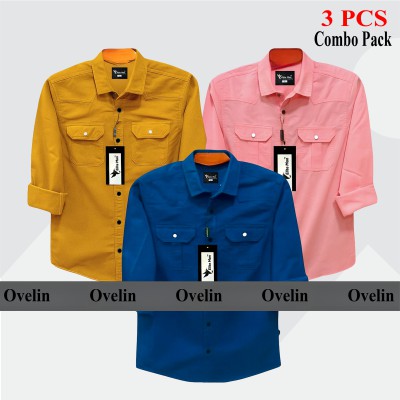 3 pcs Combo Premium Quality Double Pocket Shirt - Pink, Kathali & Royal Blue.