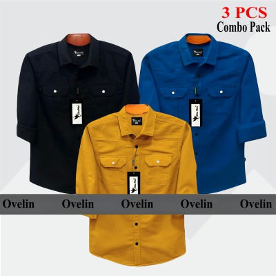 3 pcs Combo Premium Quality Double Pocket Shirt - Black, Kathali & Royal Blue.