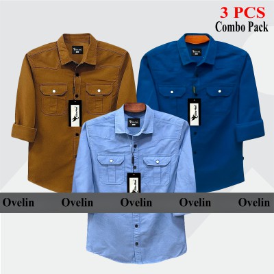 3 pcs Combo Premium Quality Double Pocket Shirt - Banson, Sky Blue & Royal Blue.