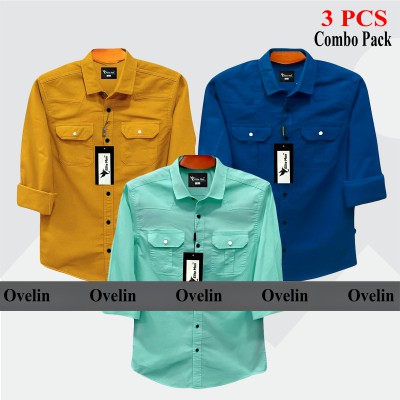 3 Pcs Combo Premium Quality Double Pocket Shirt - Pest, Kathali & Royal Blue.