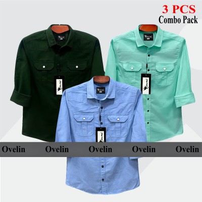 3 Pcs Combo Premium Quality Double Pocket Shirt - Pest, Green & Sky Blue.