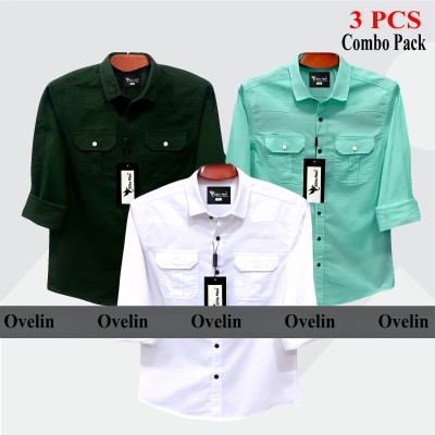 3 Pcs Combo Premium Quality Double Pocket Shirt - White, Pest & Green.