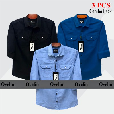 3 Pcs Combo Premium Quality Double Pocket Shirt - Black, Sky Blue & Royal Blue.