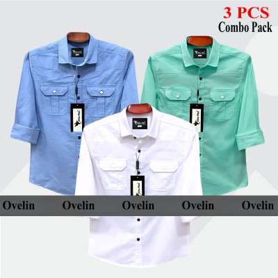 3 Pcs Combo Premium Quality Double Pocket Shirt - White, Pest & Sky Blue.