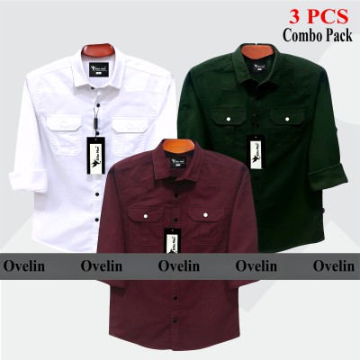 3 Pcs Combo Premium Quality Double Pocket Shirt - White, Green & Maroon.