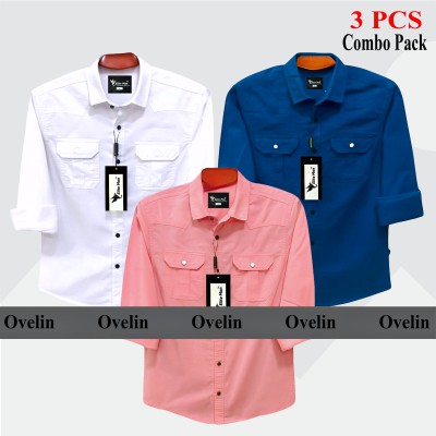 3 Pcs Combo Premium Quality Double Pocket Shirt - White, Pink & Royal Blue.
