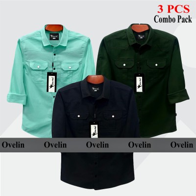 3 Pcs Combo Premium Quality Double Pocket Shirt - Black, Pest & Green.