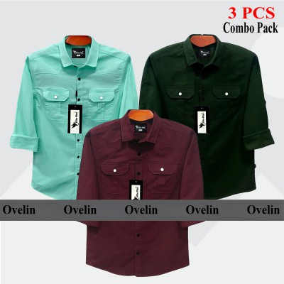 3 Pcs Combo Premium Quality Double Pocket Shirt - Pest, Green & Maroon.