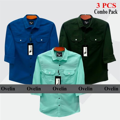3 Pcs Combo Premium Quality Double Pocket Shirt - Pest, Green & Royal Blue.