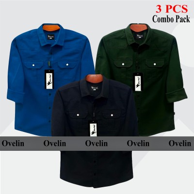 3 Pcs Combo Premium Quality Double Pocket Shirt - Black, Green & Royal Blue.